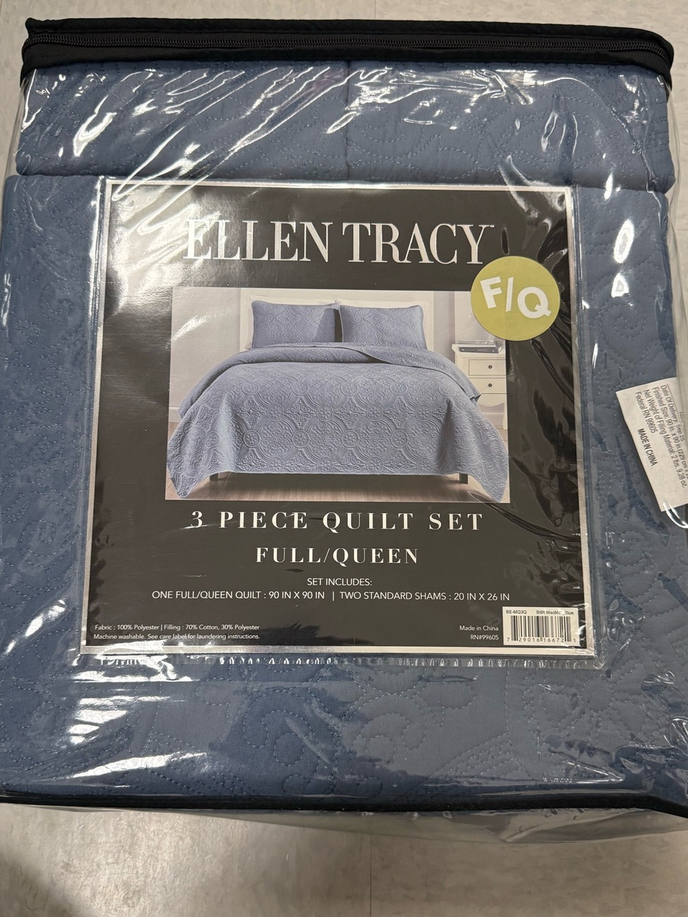 Ellen Tracy Blue Full/Queen 3-Piece Quilt Set